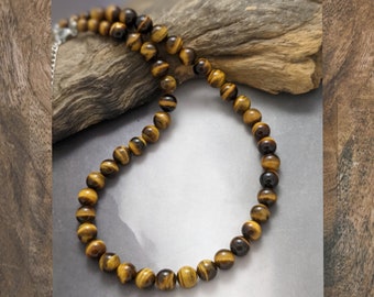 Tiger Eye Necklace Strand 8mm Top Grade Round Beads Stainless Steel Clasp