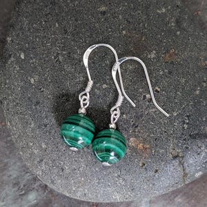 Natural Malachite Earrings 8mm Superb Pattern Minimalist | 925 Sterling Silver Hooks