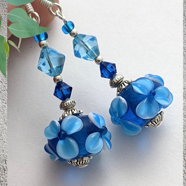 Blue Flower Earrings Lampwork Glass Beads Sterling Silver Hooks