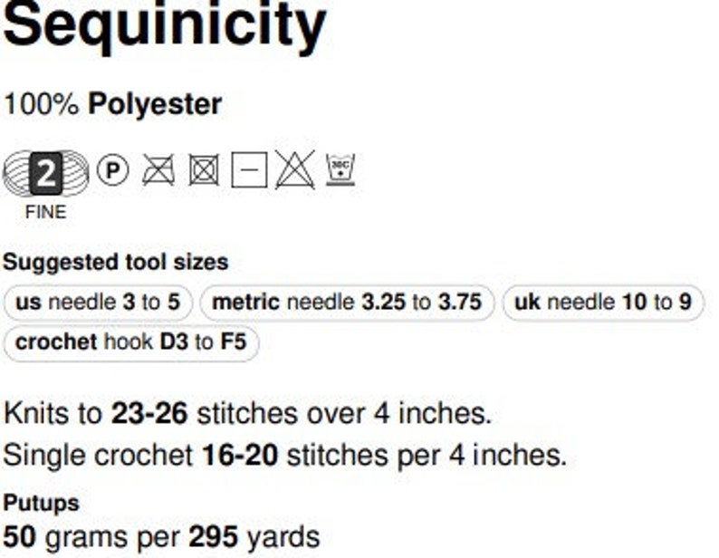 Puede incluir: Texto blanco sobre fondo negro: "Sequinicity" y "100% Poli&eacute;ster." Se indican tama&ntilde;os de herramientas sugeridos, incluyendo agujas m&eacute;tricas 3,25 a 3,75 y ganchillo D3 a F5. El texto detalla tambi&eacute;n puntos de tejido y ganchillo simple por 10 cm.