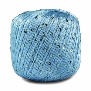May include: A ball of light blue yarn with silver sequins woven throughout.