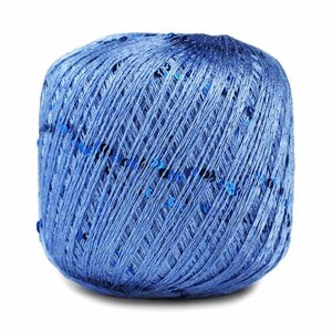 May include: A ball of blue yarn with silver sequins woven throughout.
