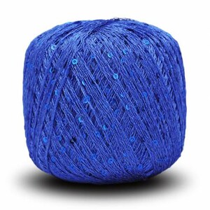 May include: A ball of blue yarn with silver sequins woven throughout.