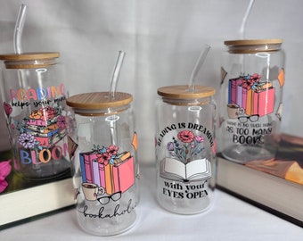 Book Lover Libby Glass Can: Whimsical Iced Coffee Cup With Lid & Straw