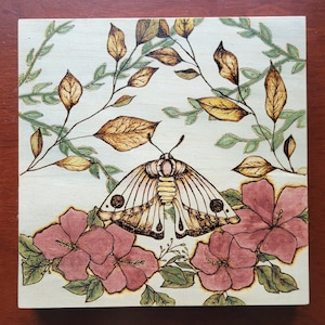 Hand-burned and Painted Wood Moth Decor
