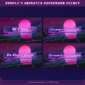 May include: Animated Vaporwave stream scenes with a retro aesthetic. Each scene features a pink sun, a grid landscape, and text overlays like "Offline" and "Stream Ending Soon." The color palette includes shades of purple, pink, and blue.