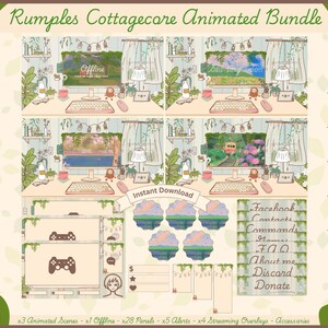 May include: An illustration of a cottagecore-themed animated bundle, featuring computer setups with animated scenes, panels, alerts, and overlays. The text includes "Rumples Cottagecore Animated Bundle" and "Instant Download."