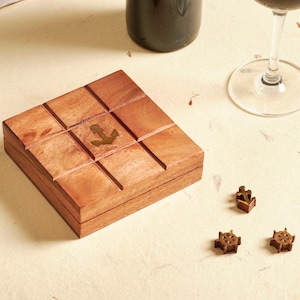 Tic Tac Toe Travel Wooden Game Box - Sea, Marine Theme, Nautical Beach Decor, Handmade Wood Board Game