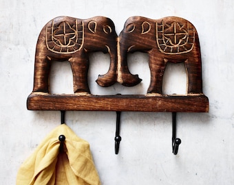 Handcarved Elephant Wall Hook, 3 Black Metal Hook Wall Mounted Hanger, Wooden Home Decor, Fair Trade Pressie, Room Decor