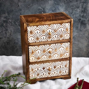 Hand-Carved Mango Wood Jewelry Box: Whitewash Finish, Brass Knobs