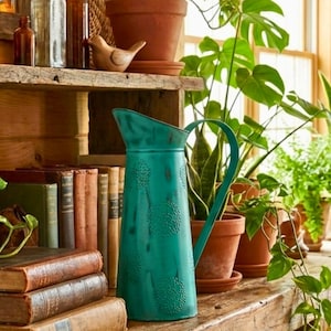 Rustic Farmhouse Metal Watering Can, Hand-Painted Decorative Garden Jug Indoor Plant Sprinkler Vintage Style