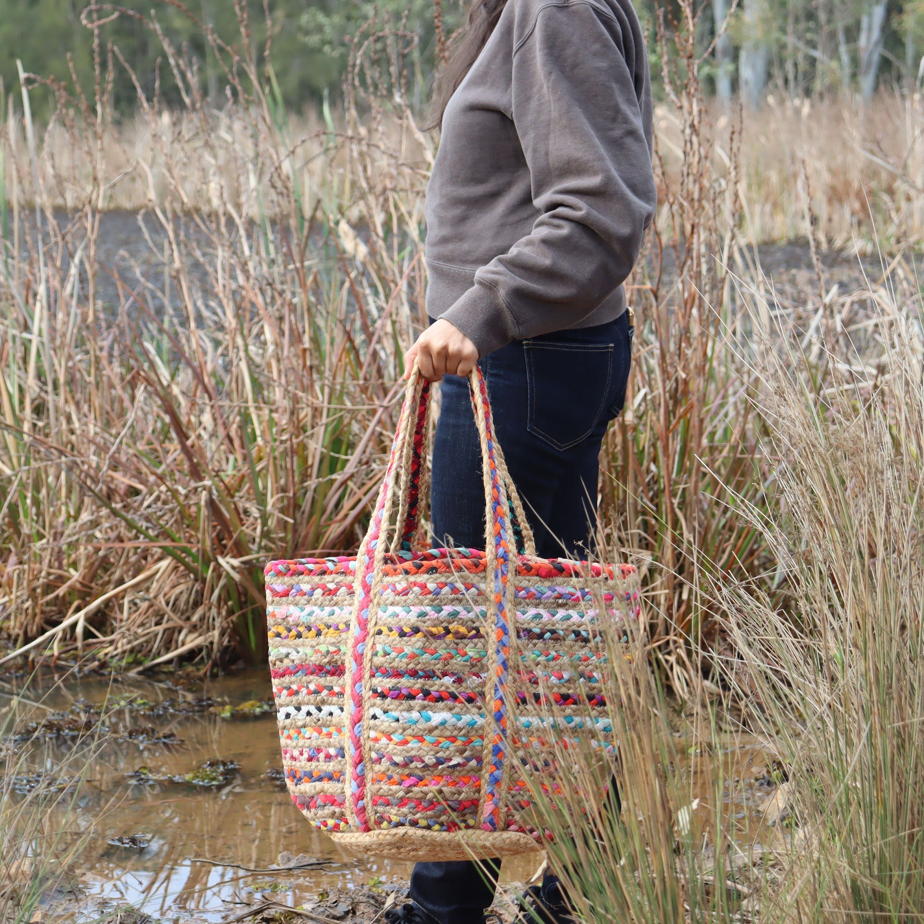 Foeses Women's Handmade Woven Straw Tote Bag
