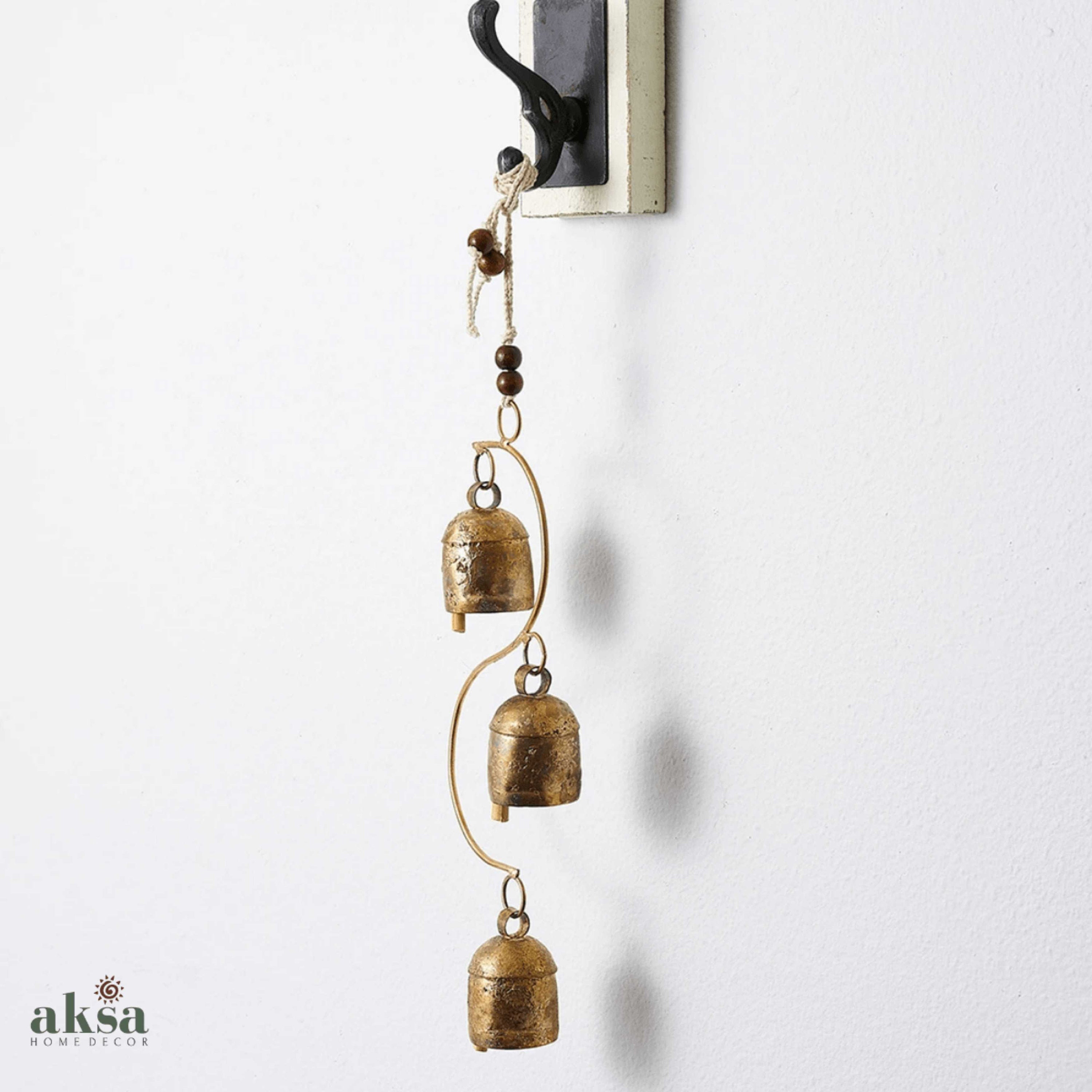 Set of 3 Rustic Decorative Hanging Bells, Adjustable String, Wood Clapper