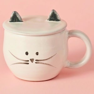 Handcrafted Ceramic Cat Mug with Lid, Tea Coffee Cup Drinkware Gift for Pet Lover