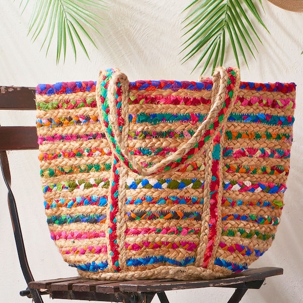 Recycled Cloth & Jute Beach Tote Bag, Hand-woven Multicolour Boho Chindi Bag, Braided Shoulder Bag, Handmade Ethnic Bag