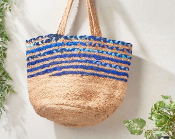 Handmade Recycled Blue Cloth & Jute Tote Bag