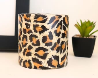 Leopard Animal Print Candle, Safari Jungle Theme Pillar Candle 9 cm, Fair Trade, Ethical Unscented Candles, Decorative Handmade Home Decor