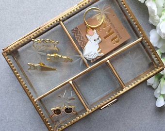 Rectangle Glass Jewellery Box, Clear Keepsake Etched Star Brass Frame Valuables Storage, Handmade Trinket Organiser, Fair Trade Gift