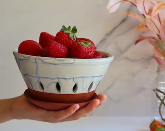 Handcrafted Ceramic Berry Bowl with Terracotta Tray - Blue Crackle Glaze Kitchen Serving Set