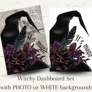 May include: Two witchy dashboard designs. One features a black witch hat, purple flowers, and the text "It's magic" on a parchment background. The other has the same design on a white background.