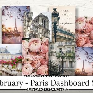 Puede incluir: Un conjunto de ocho tarjetas de tablero con temática parisina con varias imágenes de la Torre Eiffel, Notre Dame y arreglos florales. Cada tarjeta presenta un texto elegante, que incluye frases como "Love your life" y "La vie est belle."