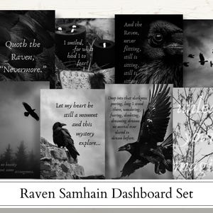 Może przedstawiać: Czarno-biały zestaw deski rozdzielczej Raven Samhain z wizerunkami kruków, świec i cytatów. Zestaw zawiera obrazy z tekstem, takim jak "Quoth the Raven, Nevermore" i "Let my heart be still a moment and this mystery explore..."