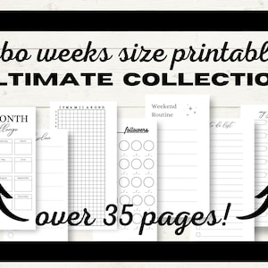 Könnte beinhalten: Eine Sammlung druckbarer Planerseiten mit dem Text "hobo weeks size printables ULTIMATE COLLECTION". Die Seiten umfassen eine 12-Monats-Herausforderung, einen Plan, ein Raster, eine Wochenendroutine, eine To-Do-Liste und einen Abschnitt für Ziele. Der Text "over 35 pages!" ist ebenfalls sichtbar.