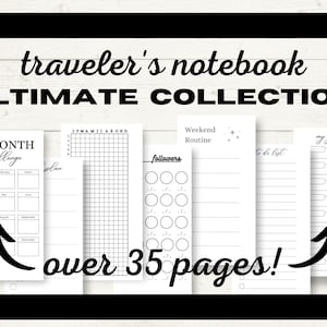 Puede incluir: Una colección de insertos para cuadernos de viaje con varios diseños, incluyendo un desafío de 12 meses, un rastreador de hábitos y listas de tareas. El texto dice "ULTIMATE COLLECTION" y "over 35 pages!"