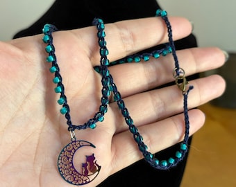 Moon and Cats Beaded Crochet Necklace