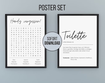 Bathroom Deco Poster Set | 2 funny pictures puzzles | guest bathroom toilet toilet loo | Digital download
