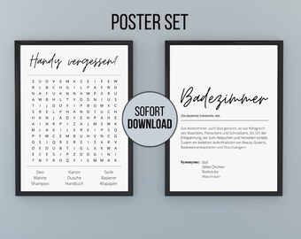 Bathroom Pictures Deco Poster Set | 2 Funny Riddles Definition Meaning | guest bathroom toilet toilet loo | Digital download