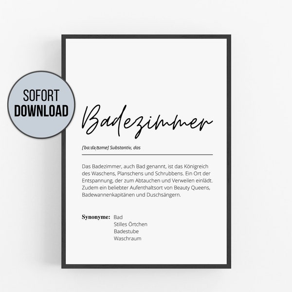 Badezimmer Poster Definition Lustig | Bad Dekoration Spruch Schriftzug | Toilette Wandbild | Gäste WC Schild | Schwarz Weiß | Download