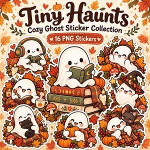 Puede incluir: Una colección de pegatinas digitales titulada Tiny Haunts Cozy Ghost Sticker Collection 16 PNG Stickers que muestra fantasmas blancos en entornos otoñales con calabazas, libros, velas, setas, auriculares y un gato negro.
