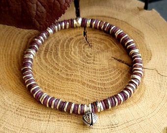 Heishi Beads Minimalist Bracelet in Genuine Ruby and Solid Silver Washer -  Hunting Gifts For Men - Handmade Boho Jewelry By Minerals Paris