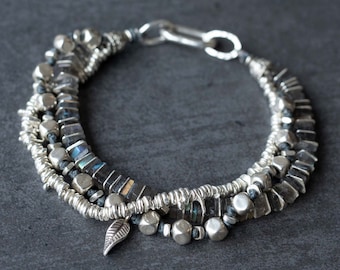 Solid Silver Labradorite Heishi Beads Bracelet - Chunky Multi Raws Bracelet - Handmade Bohemian Jewelery By Minerals Paris