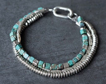 Multi Raw Chunky Sterling Silver Bracelet - Genuine Turquoise Dice Beads - Tribal Fusion Jewelry - Hunting Gifts For Men - Handmade Jewelry