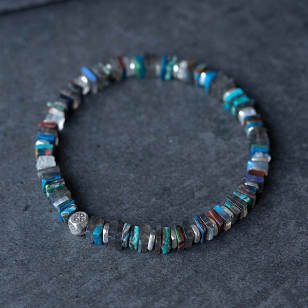 Bracelet Boheme en Perle Heishi de Labradorite, Calsilice et Argent Massif - Bijoux Originaux et Artisanaux Par Minerals Paris