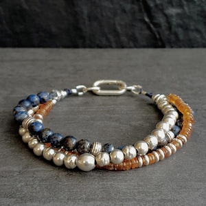 Bransoletka męska z pereł - Bransoletka ze srebra próby 925 - Bransoletka z hessonitu - Biżuteria boho - Biżuteria ręcznie robiona - Bransoletka do układania w stosy