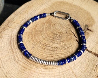 Lapis Lazuli Heishi Beads And Silver 925 Men Bracelet • Minimalist Handmade Boho Jewelry By Minerals Paris