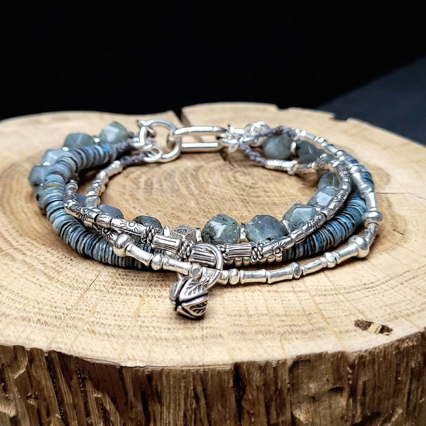 Bracelet en Perles Heishi de Coquillages, Labradorite & Perles Tribales en Argent - Cadeau Pour Homme - Bijoux Artisanaux Par Minerals Paris