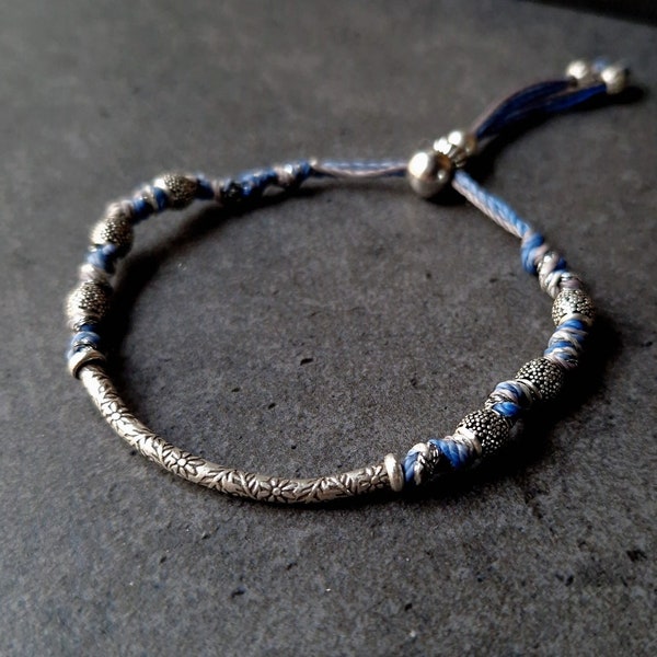 Bracelet Brésilien Avec Perles Et Fermoir Ajustable En Argent Massif • Bracelet Macramé • Cadeau Pour Femme • Bijoux Artisanaux Fait Mains