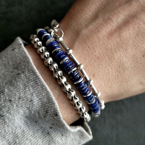 Bracelet Multi Rangs en Perles Heishi de Lapis Lazuli et Perles Tribales d'Argent Massif - Cadeau Pour Homme - Bijoux Artisanaux & Originaux