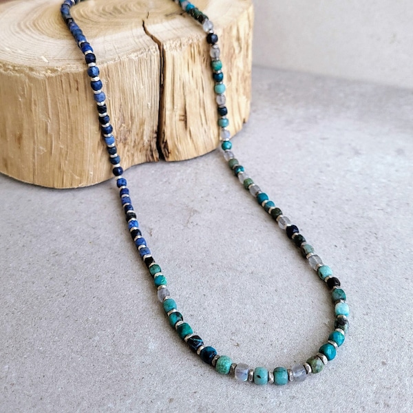 Cube Bead Necklace - African Turquoise, Dumortierite & Silver 925 Boho Necklace for Men - Handmade Jewelry by Minerals Paris