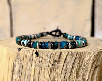Heishi Beads Minimalist Bracelet in Chrysocolla, Labradorite, Apatite and Solid Silver Washers - Handmade Boho Jewelry by Minerals Paris