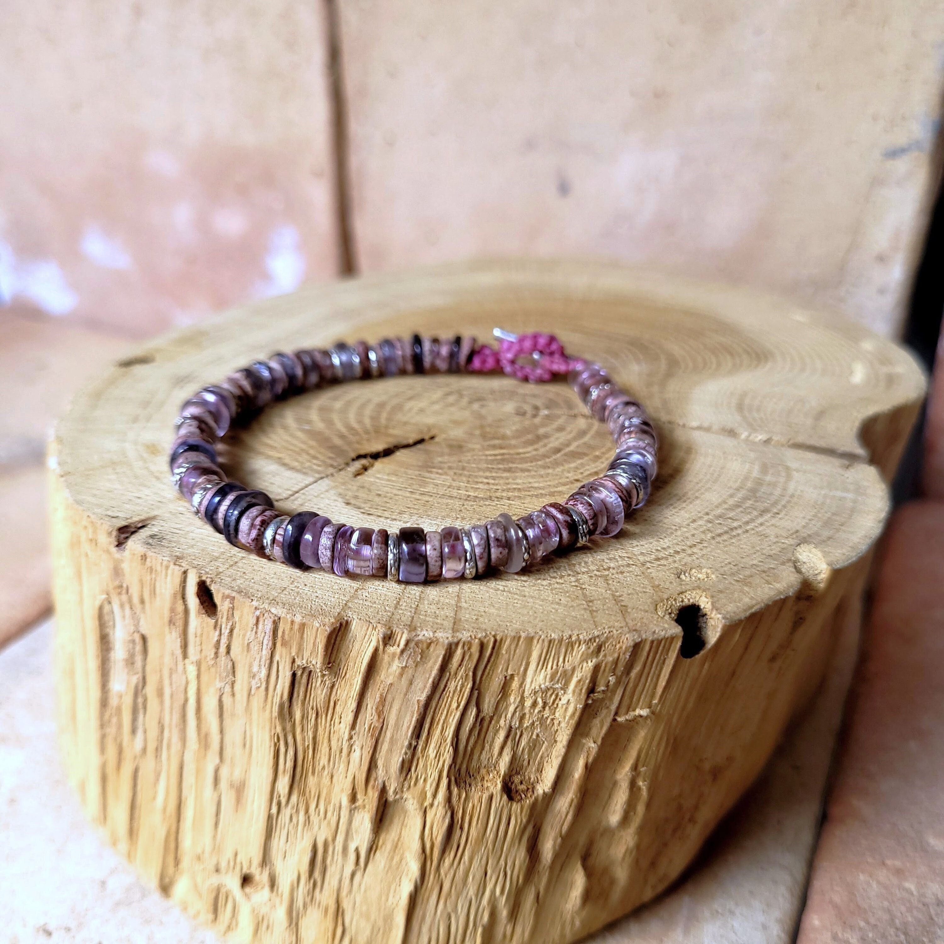 Heishi Beads Minimalist Bracelet In Sunflower Agate, Smoky Quartz And Solid Silver Washers - Handmade Boho Jewelry By Minerals Paris