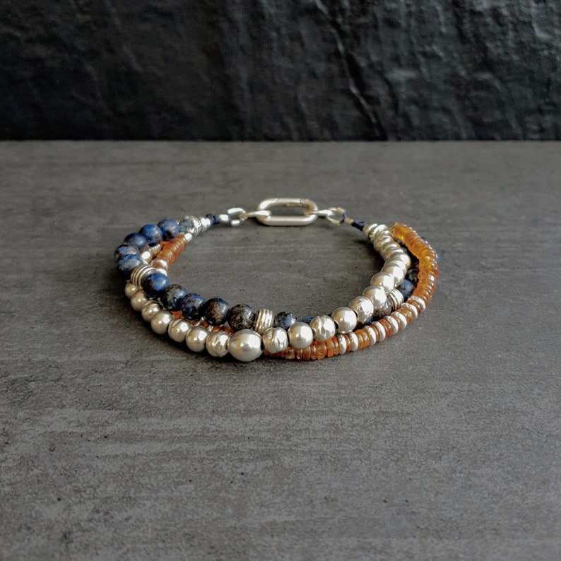 Bracelet Perle Homme - Bracelet Argent Massif - Bracelet Hessonite - Bijoux shops Boheme - Bijoux Artisanaux - Bracelet Empilable