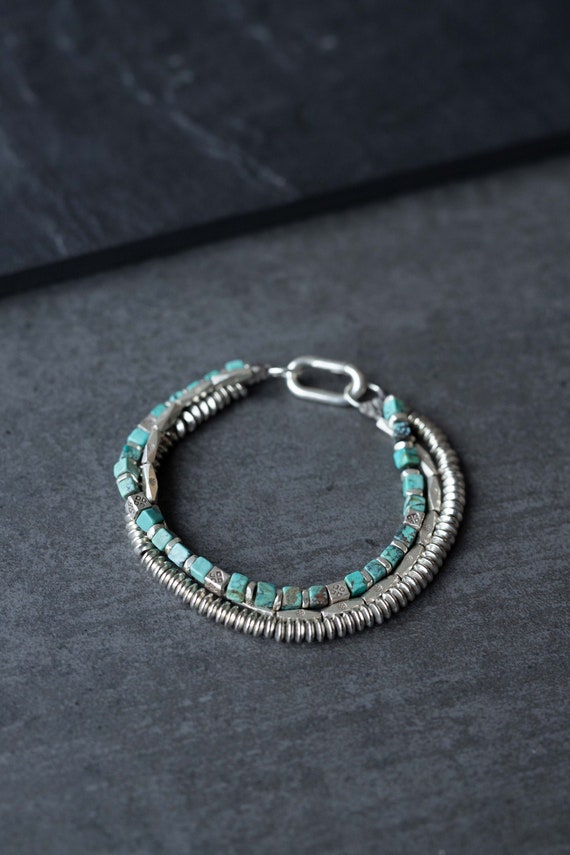 Multi Raw Chunky Sterling Silver Bracelet Genuine Turquoise Dice Beads  Tribal Fusion Jewelry Hunting Gifts For Men Handmade Jewelry