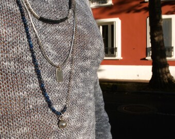 Sterling Silver, Lapis Lazuli, and Vinyl Heishi Disc Stackable Necklace Set. Boho Stack for Men. Handcrafted in Paris.