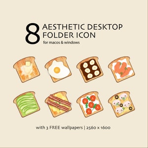 May include: Eight different folder icons for Mac and Windows computers. The icons are designed to look like different types of toast with various toppings, such as avocado, bacon, eggs, and mushrooms.
