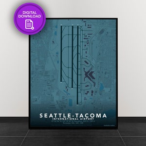 May include: A blue and white map of the Seattle-Tacoma International Airport, showing the layout of the runways and taxiways. The airport's name and location are printed at the bottom of the map.